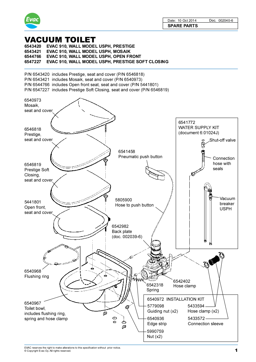 Part Numbers and Technical Documentation for EVAC 910 Toilets Marine